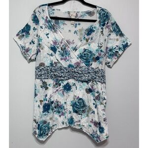 Women's White Floral Surplice Blouse with Teal and Purple Accents